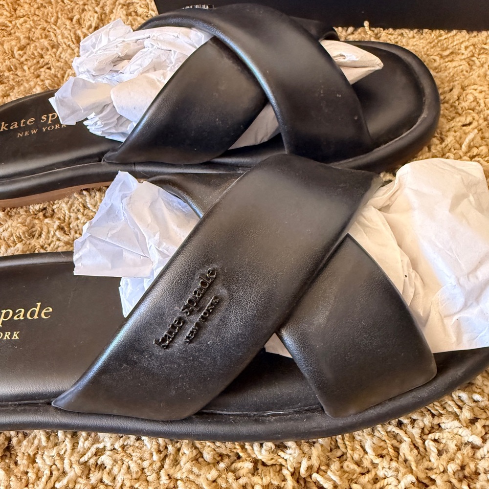 kate spade Black Crossband Leather Slide Sandals